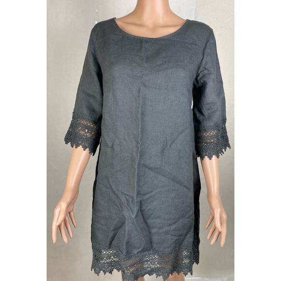Stella Rosa grey linen crocheted lace trim short sleeve knee length dress size S - Picture 4 of 8